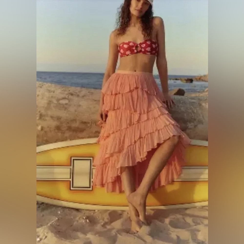 Anthropologie Peach Tiered Ruffle Midi Skirt